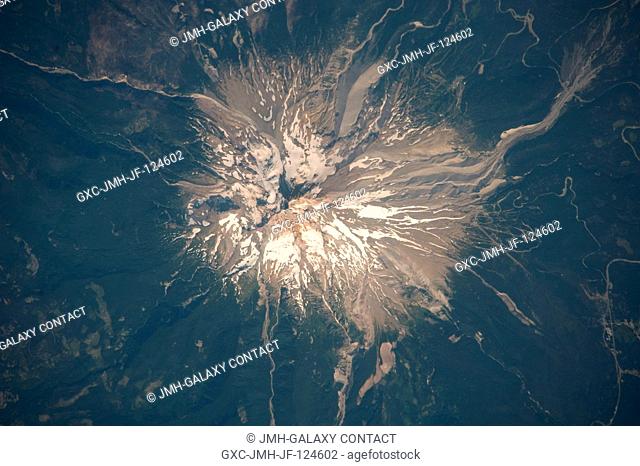 Mount Hood, Oregon is featured in this image photographed by an Expedition 20 crew member on the International Space Station