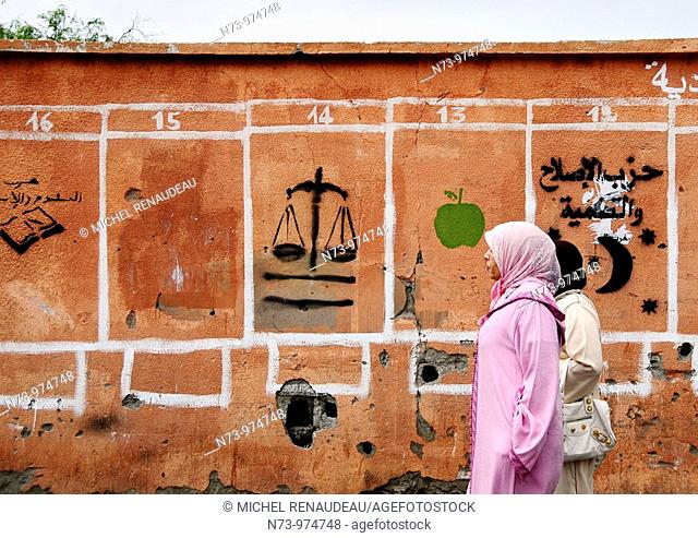 Maroc, Marrakech, panneaux electoral, au Maroc les panneaux electoreaux, sot constitués de symbole pour une population illetré