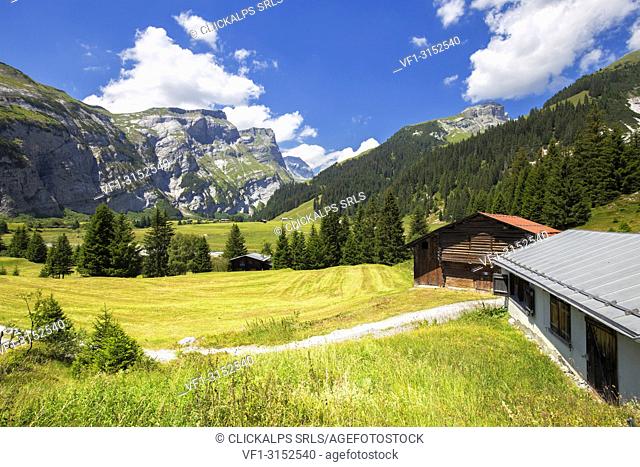 Traditional huts in Val Bargis valley, Flims, District of Imboden, Canton of Grisons, Switzerland, Europe