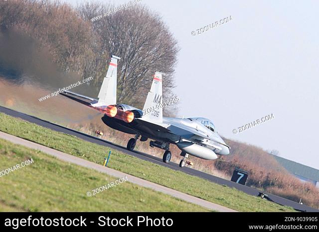 LEEUWARDEN, NETHERLANDS - APRIL 11, 2016: US Air Force F-15 Eagle takking off during the exercise Frisian Flag. The exercise is considered one of the most...