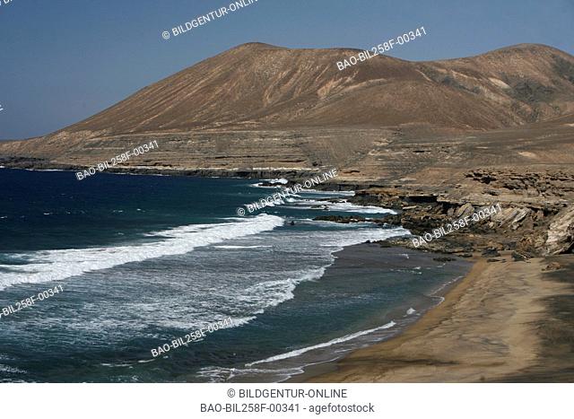 A sandy beach in westen of the island Fuerteventura on the Canary islands in the Atlantic