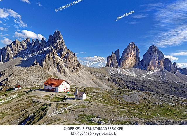 Dreizinnenhütte and chapel with view of the Paternkofel and the Three Peaks, National Park Dolomiti di Sesto, Dolomites of Sesto, Alta Pusteria, South Tyrol