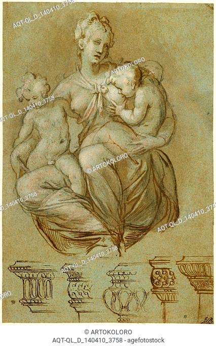 Charity and Studies of Entablatures (recto), Frieze of Putti (verso); Paolo Farinati, Italian, 1524 - 1606; Italy, Europe; about 1580; Pen and brown ink