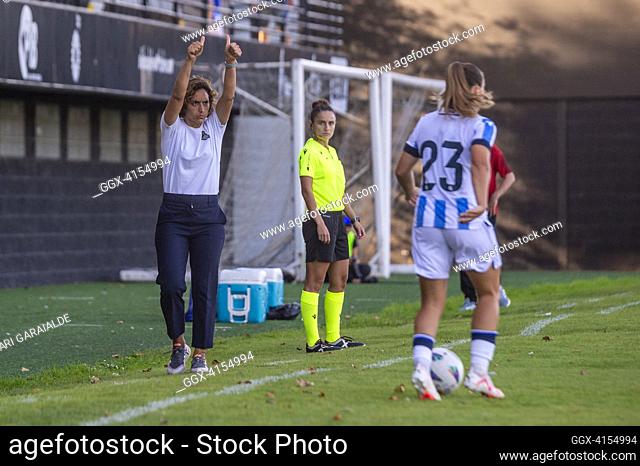 Real Sociedad’s head coach Natalia Arroyo gestures during the Real Sociedad Vs. CR Falmengo pre-season friendly match at Gal Stadium. Irun (Spain)