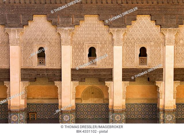 Columned arcades in the central courtyard of the Ben Youssef Medersa, Marrakesh, Morocco