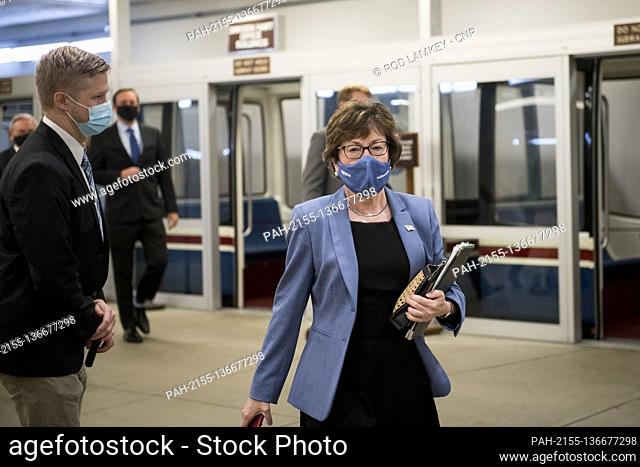 United States Senator Susan Collins (Republican of Maine) and other Senators make their way through the Senate subway for a vote at the US Capitol in Washington