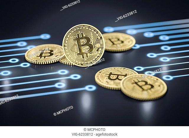 3d rendering of a some bitcoin coins on a dark electronic background - 01/01/2018