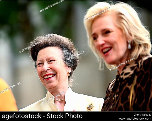 Anne, the Princess Royal and Princess Astrid of Belgium pictured during a wreath-laying ceremony at the Edith Cavell Monument