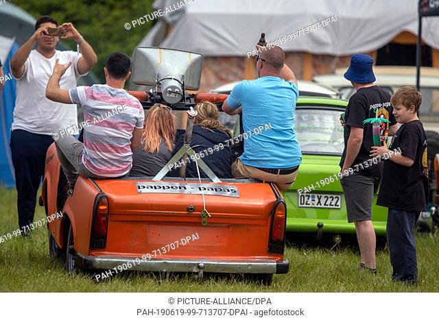 30 May 2019, Mecklenburg-Western Pomerania, Anklam: Members of a Trabi fan club are guests at the 25th International Trabi Meeting at Anklam Airfield with their...
