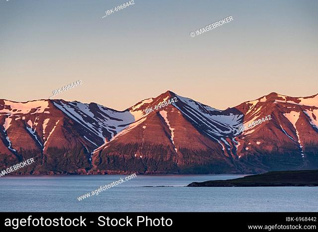 Mountains in the evening light, Hrísey Island, Eyjafjörður, North Iceland, Iceland, Europe