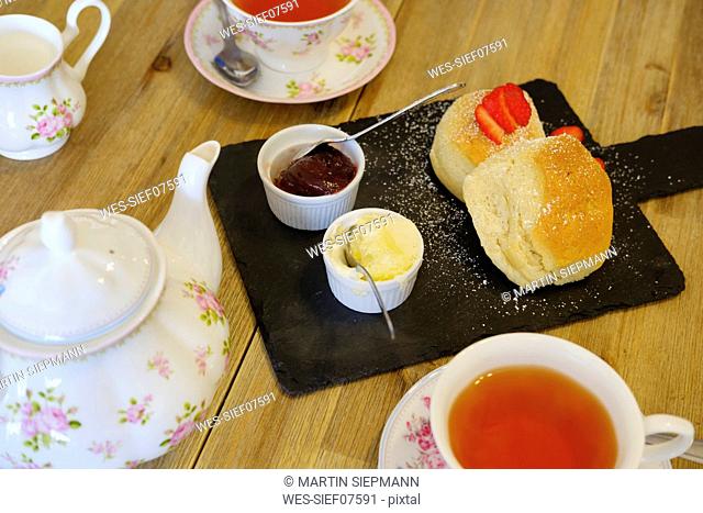 Cornish cream tea, scones, strawberry jam and clotted cream