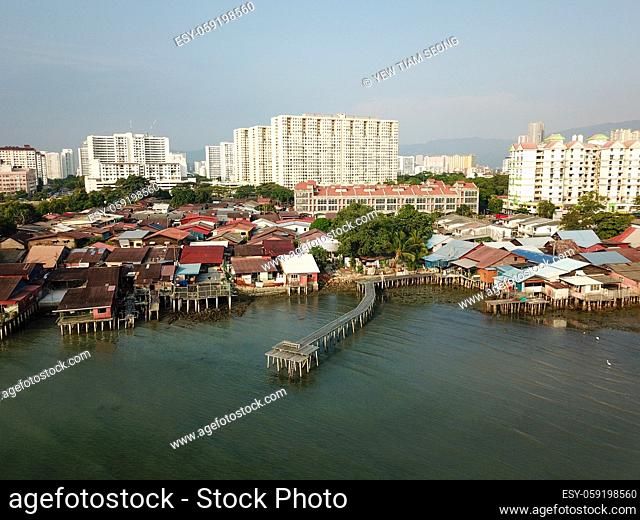 Aerial view wooden jetty and house with background Macallum apartment