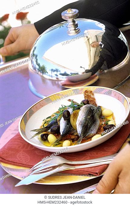 France, Alpes Maritimes, Cannes, sardines Bean country's pulp glossy red pepper recipe Christian Willer head of the Palme d'Or restaurant of the Martinez Hotel