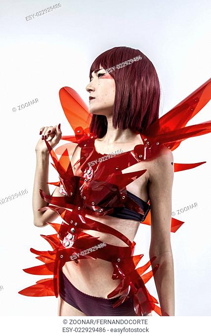 Robot, Japanese woman in costume of red plastic, modern and future concept