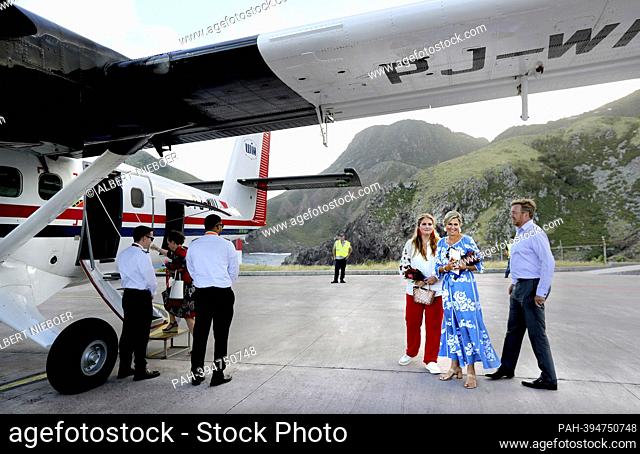 King Willem-Alexander, Queen Maxima and Princess Amalia of The Netherlands leave at Juancho E. Yrausquin Airport, on February 09, 2023