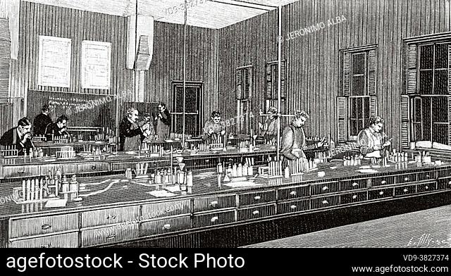 Teaching in the United States by the end of the 19th century, chemistry lab school Oswego, USA. Old 19th century engraved illustration from La Nature 1893
