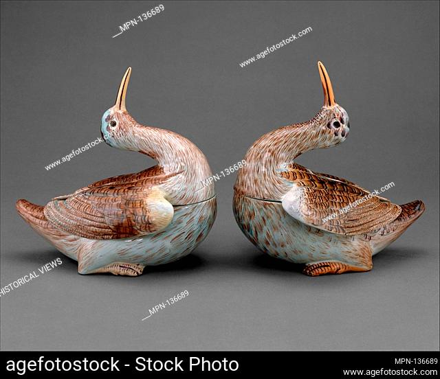 Two tureens in the form of woodcocks. Date: ca. 1750; Culture: German, Höchst; Medium: Tin-glazed earthenware; Dimensions: each: 10 x 10 in. (25
