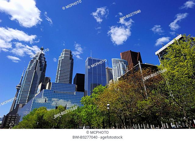 multistore buildings in the Front Street, CN Tower in the background, Canada, Ontario, Toronto