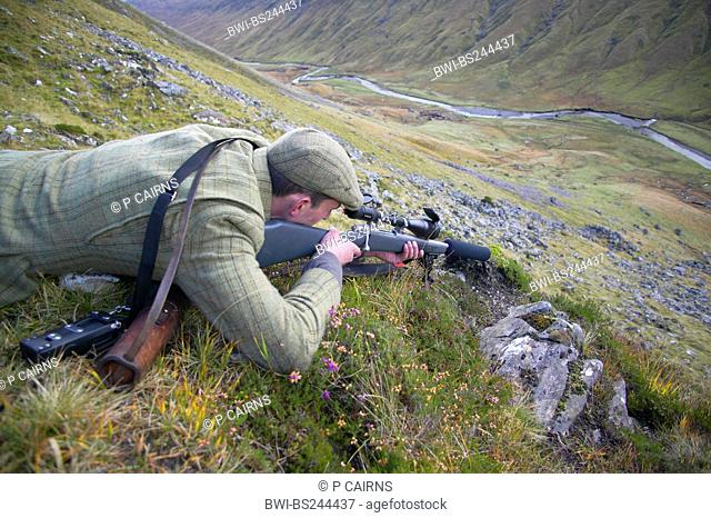 stalker lying on the belly at the edge of a mountain slope aiming down into the valley with his gun, United Kingdom, Scotland, Sutherland
