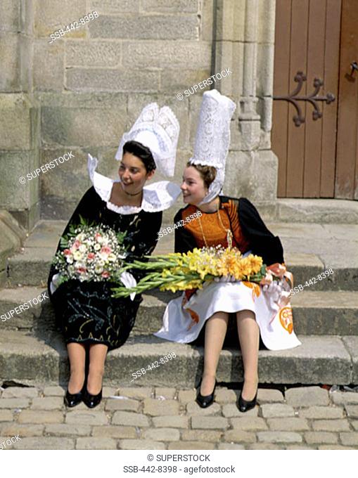 Girls in Traditional Costume wearing Lace Headdress (Coiffes), Breton Traditional Dress, Brittany, France