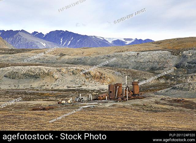Steam boilers at abandoned marble quarry Camp Mansfield / Ny London near Ny-Alesund, Blomstrandhalvøya, Kongsfjorden, Svalbard / Spitsbergen, Norway