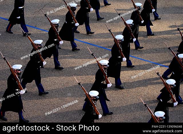 A historic military marching band walks on Pennsylvania Avenue during the 59th presidential inauguration parade in Washington, D.C., U.S