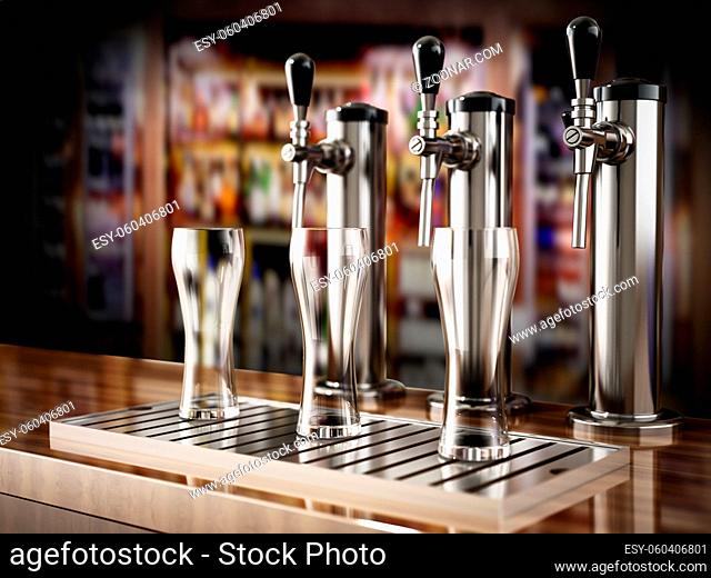 Beer taps on bar counter. 3D illustration