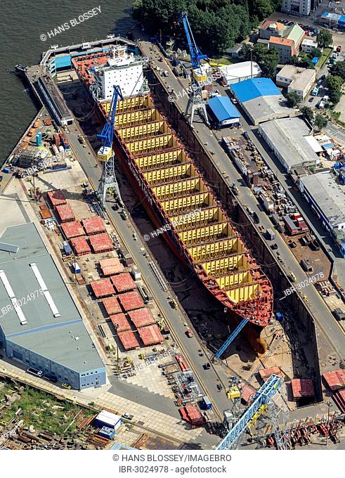 Aerial view, Blohm & Voss dock, dry dock, hull, steel hull