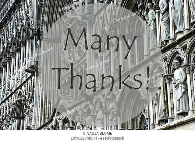 Church Of Trondheim In Norway. Macro Or Close Up Of Sculptures Or Statue. Religious Greeting Card. English Text Many Thanks