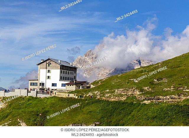 Auronzo alpine hut near the Three Peaks of Lavaredo, in the back Monte Campedelle and Col de le Bisse, Sexten Dolomites