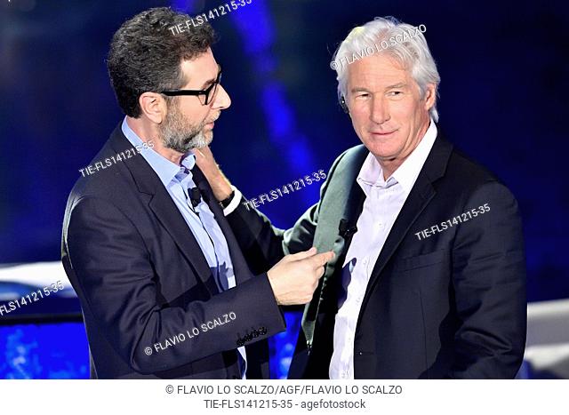 The anchorman Fabio Fazio with the actor Richard Gere guest at tv programme Che tempo che fa, Milan, ITALY-13-12-2015