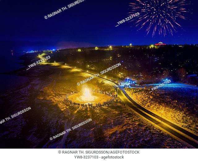 New Year's Eve Celebrations with bonfires and fireworks, Reykjavik, Iceland