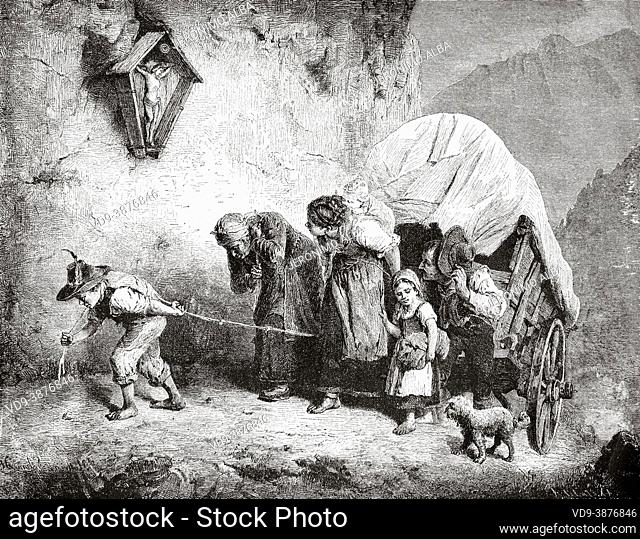 Hard daily life in the Tyrolean mountains, painting by Matias Schmidt. Old 19th century engraved illustration from La Ilustración Artística 1882