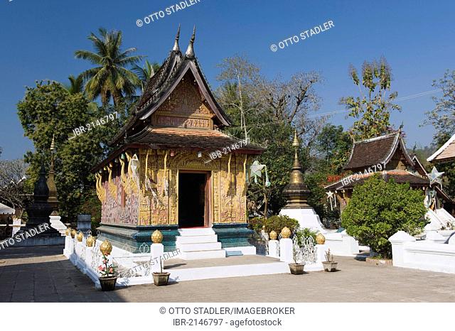 Red chapel, Ho Phra None, Wat Xieng Thong temple, Luang Prabang, Laos, Indochina, Asia