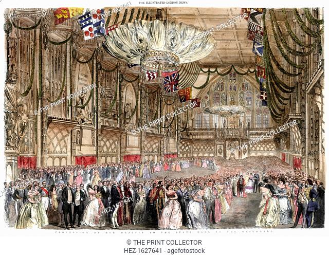 Procession of her majesty to the state ball in the Guildhall, 1851. From The Illustrated London News (12 July 1851). Hand coloured later