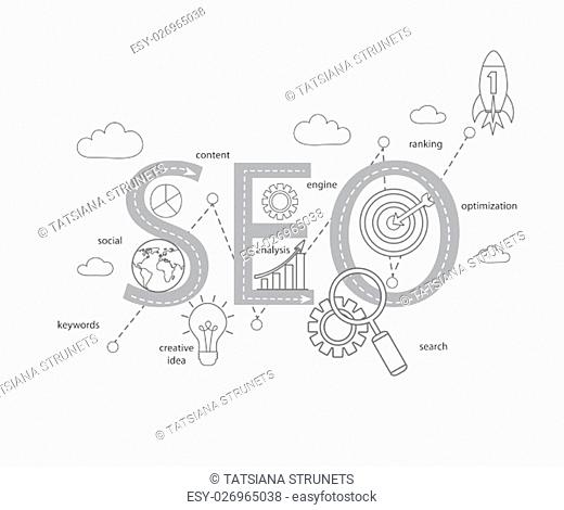 Concept of SEO word combined from modern thin line elements and icons which symbolized a success internet searching optimization process