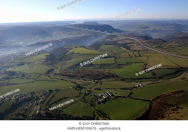 France, Aveyron (12), Millau, the A75 motorway viaduct between the Causses of Sauveterre and Larzac, aerial view