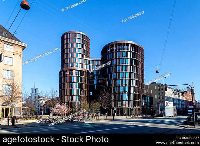 Copenhagen, Denmark - February 27, 2019: Exterior view of the modern Axel Towers designed by architects Lundgaard and Tranberg