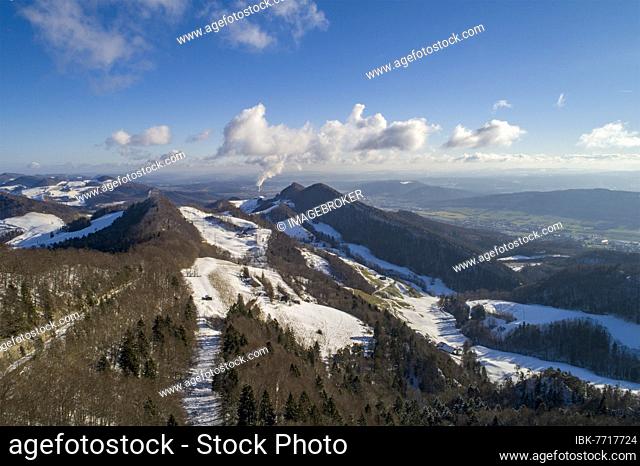 Belchenflueh and view of the first Jura mountains in winter, drone image, Hägendorf, Solothurn, Switzerland, Europe