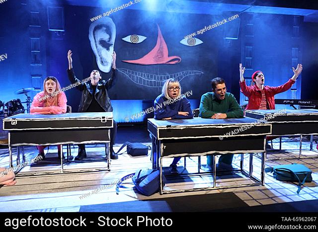 RUSSIA, MOSCOW - DECEMBER 21, 2023: Actors Vladislava Sukhorukova, Arsenty Zhurid and Darya Trukhina (L-R) perform during a preview of Sonya-9 staged by...