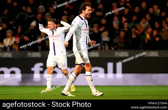 Anderlecht's Thomas Delaney celebrates after scoring during a soccer match between KVC Westerlo and RSC Anderlecht, Friday 01 December 2023 in Westerlo
