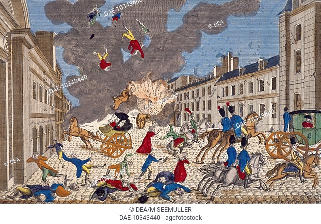 Assassination attempt on the life of the First Consul of France, Napoleon Bonaparte on Rue Saint Nicaise, Paris, 24 December 1800, engraving