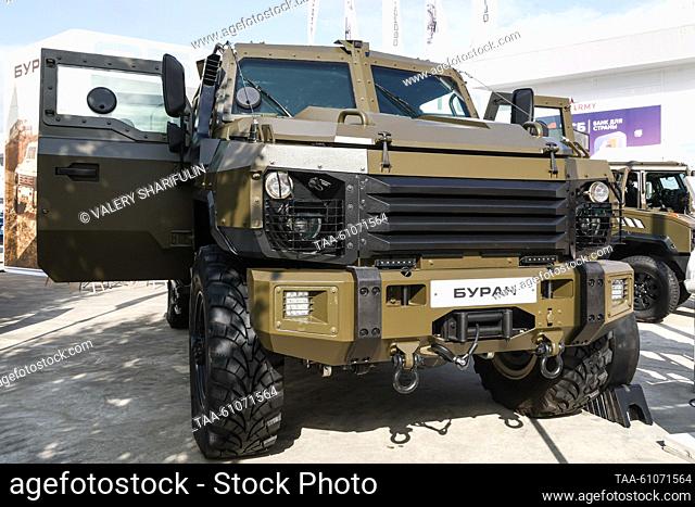 RUSSIA, MOSCOW REGION - AUGUST 14, 2023: A buran armoured vehicle is on display at the Army 2023 International Military and Technical Forum at the Patriot...