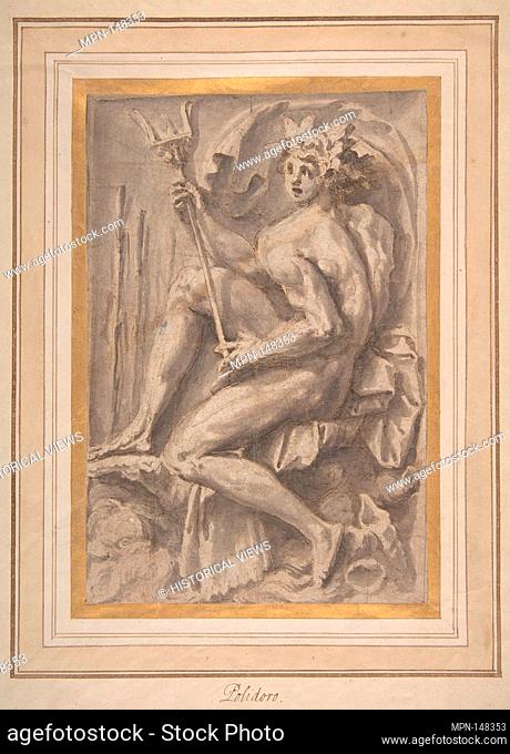 Seated Triton. Artist: Perino del Vaga (Pietro Buonaccorsi) (Italian, Florence 1501-1547 Rome); Date: 1545-47; Medium: Pen and brown ink, brush and brown wash