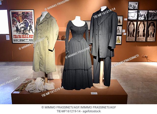 Costumes worn by actress Claudia Cardinale and actor Henry Fonda in the movie ' C'era una volta il West ', 1968 at Ara Pacis Museum in Rome, ITALY-16-12-2019