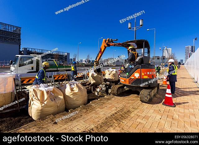 January 29, 2020, Tokyo, Japan - Construction workers are seen working in Toyosu Market