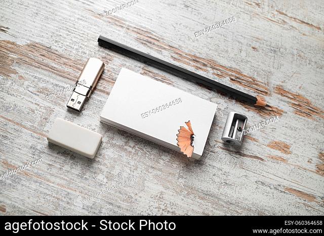 Blank stationery set on wooden background. Corporate identity template. Mock-up for branding identity for designers