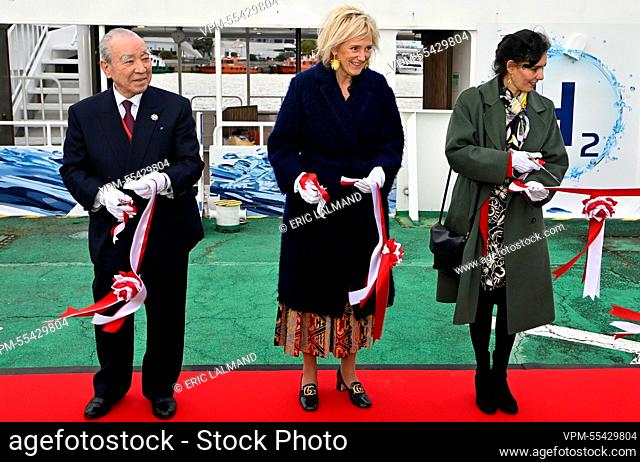 Mr. Takahashi, Princess Astrid of Belgium and Federal Minister Hadja Lahbib pictured during the ribbon cutting ceremony of the Hydrobingo during a visit to the...
