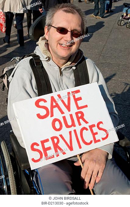 Demonstration against Coalition cuts to disabled peoples services and income Wheelchair user