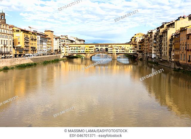 View of historical medieval bridge on the Arno river, ponte Vecchio, Florence, Italy